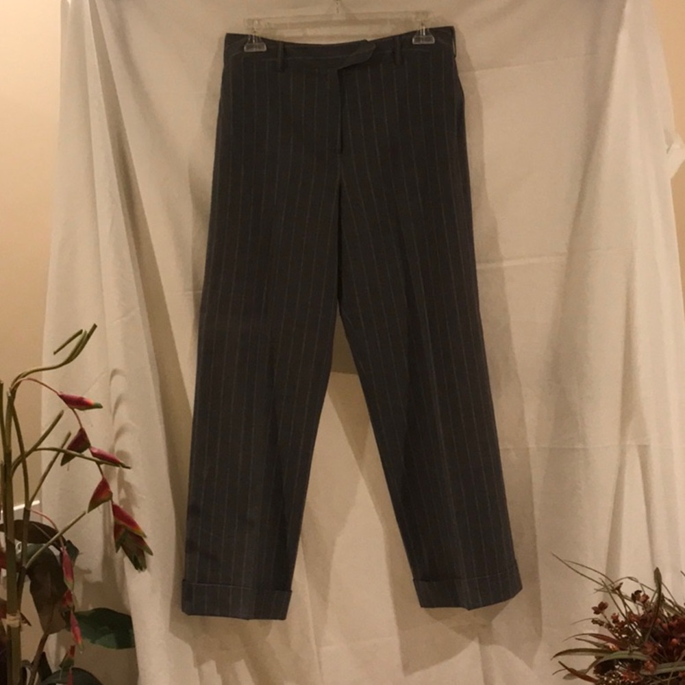 Gray pink pinstripe trousers by Larry Levine